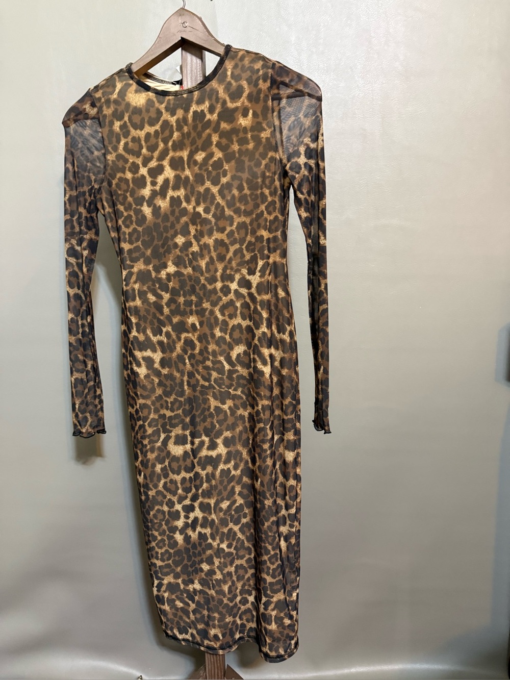 Edit Long Sleeve Leopard Print Midi Dress in Brown
